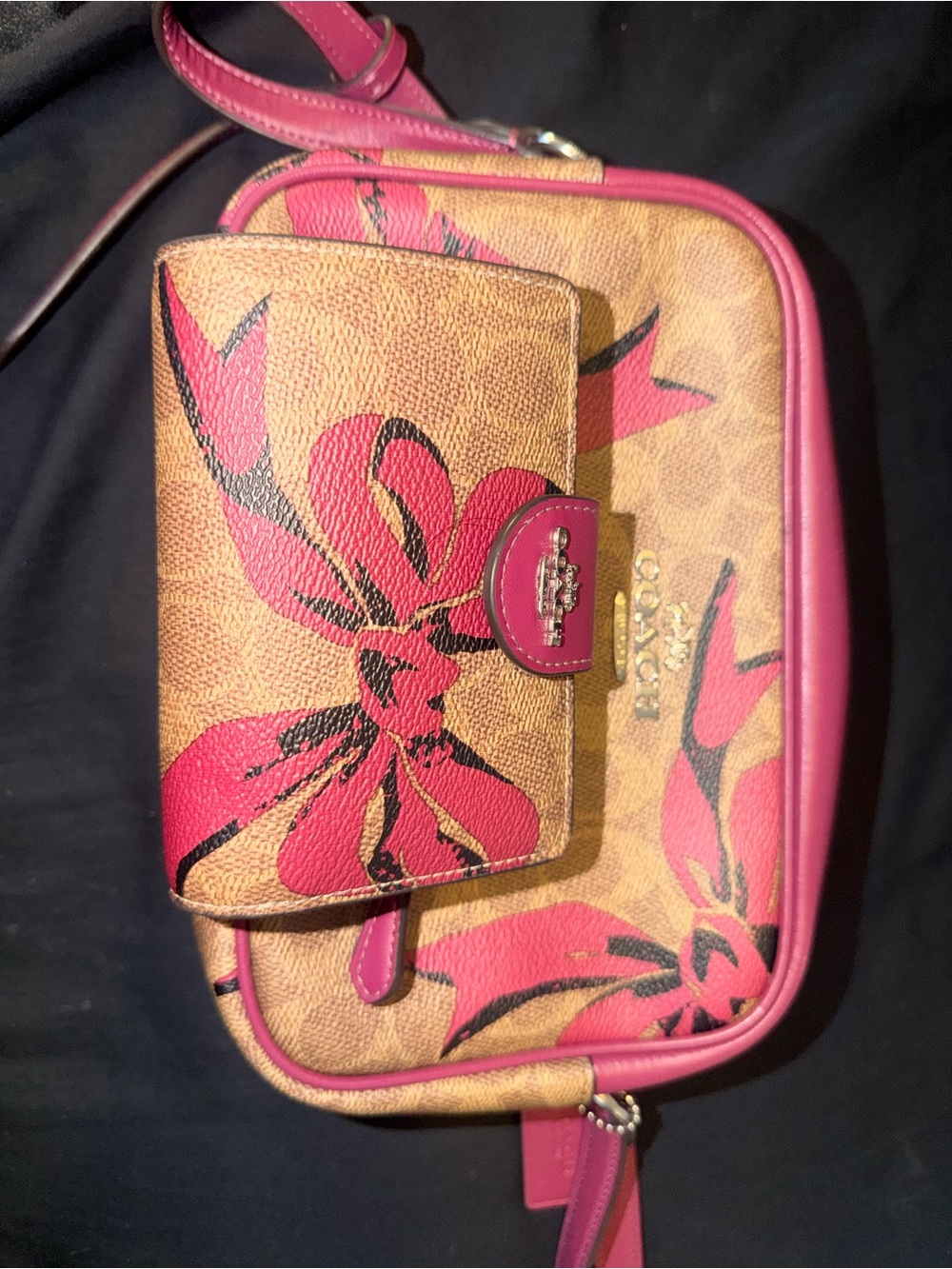 Coach Tan Canvas Crossbody And Wallet with Pink Bow Print